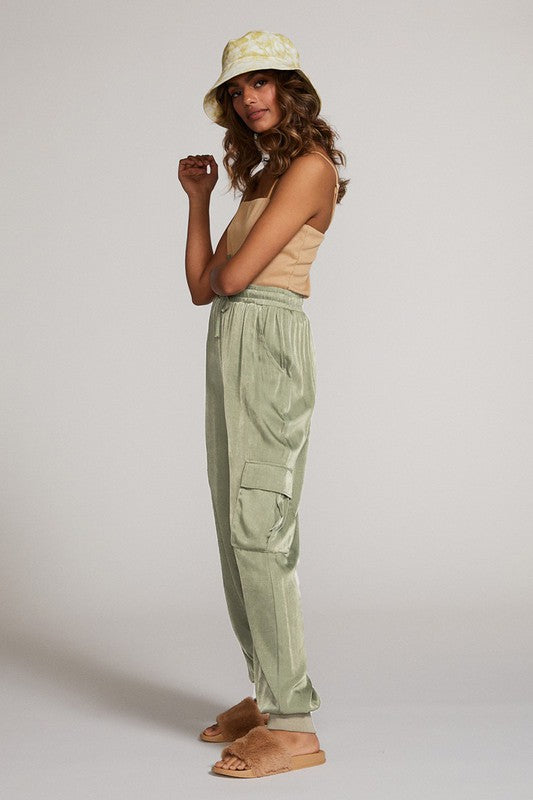 Satin cargo pants with Pockets and Tie Waist