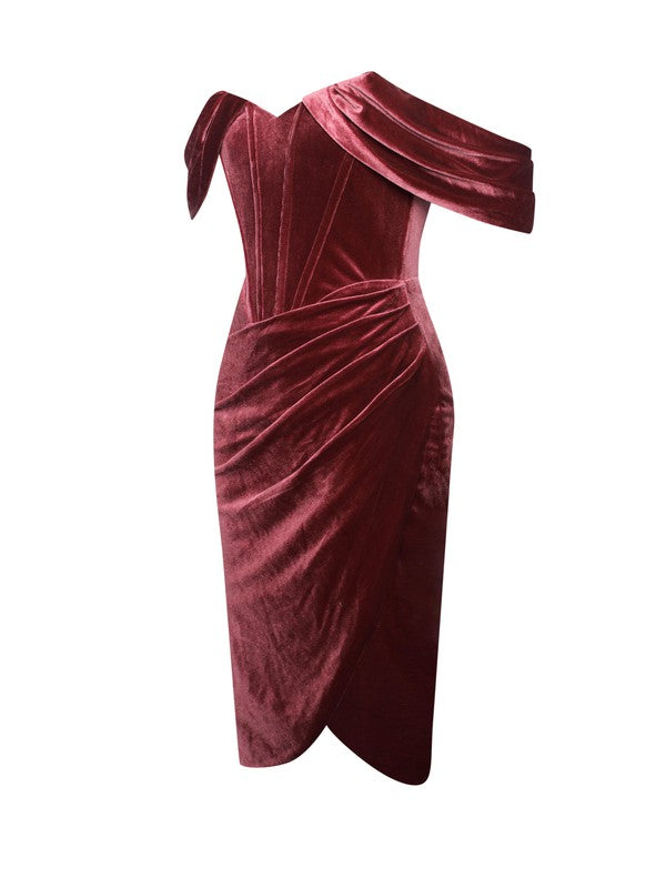 Miss. Circle Omaria Burgundy Velvet Off Shoulder Corset Dress