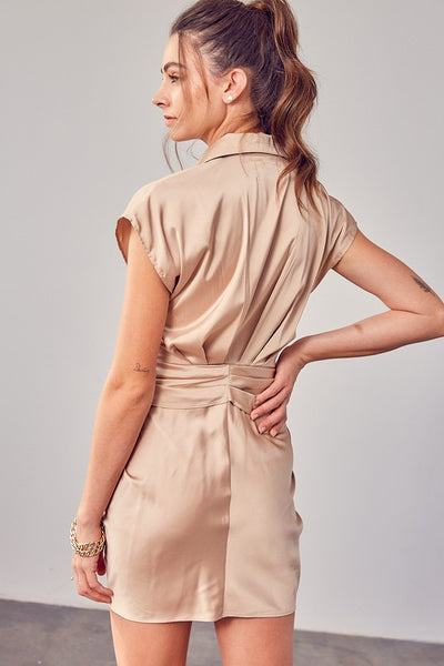 Collar button up wrap tie dress in color taupe nude