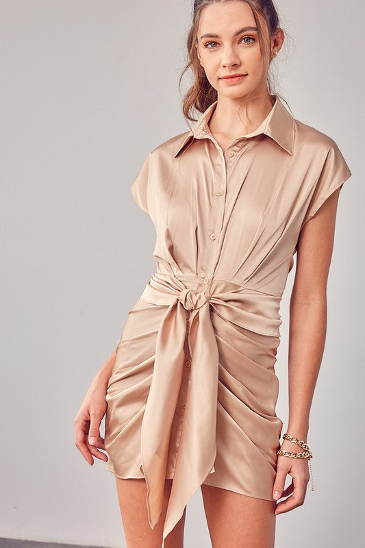 Collar button up wrap tie dress in color taupe nude