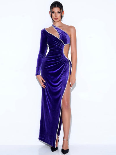 Miss. Circle Sienna Purple One Sleeve Crystal Velvet Gown
