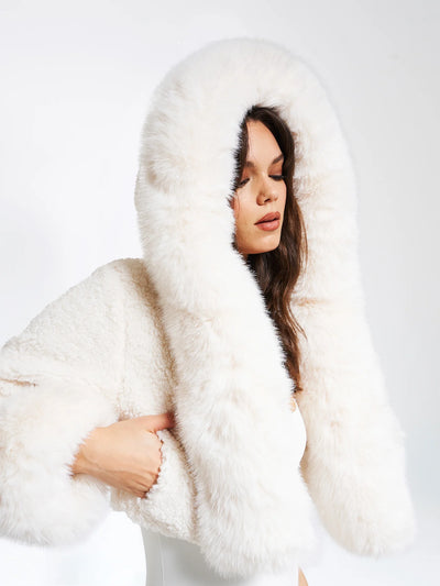 Kali White Cropped Faux Fur Jacket With Hood