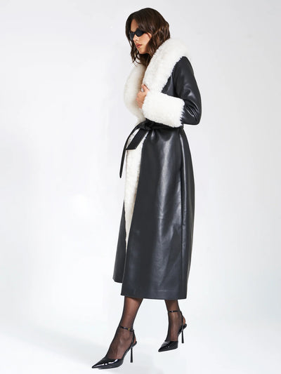 Zaida White Faux Fur Trim Black Vegan Leather Coat