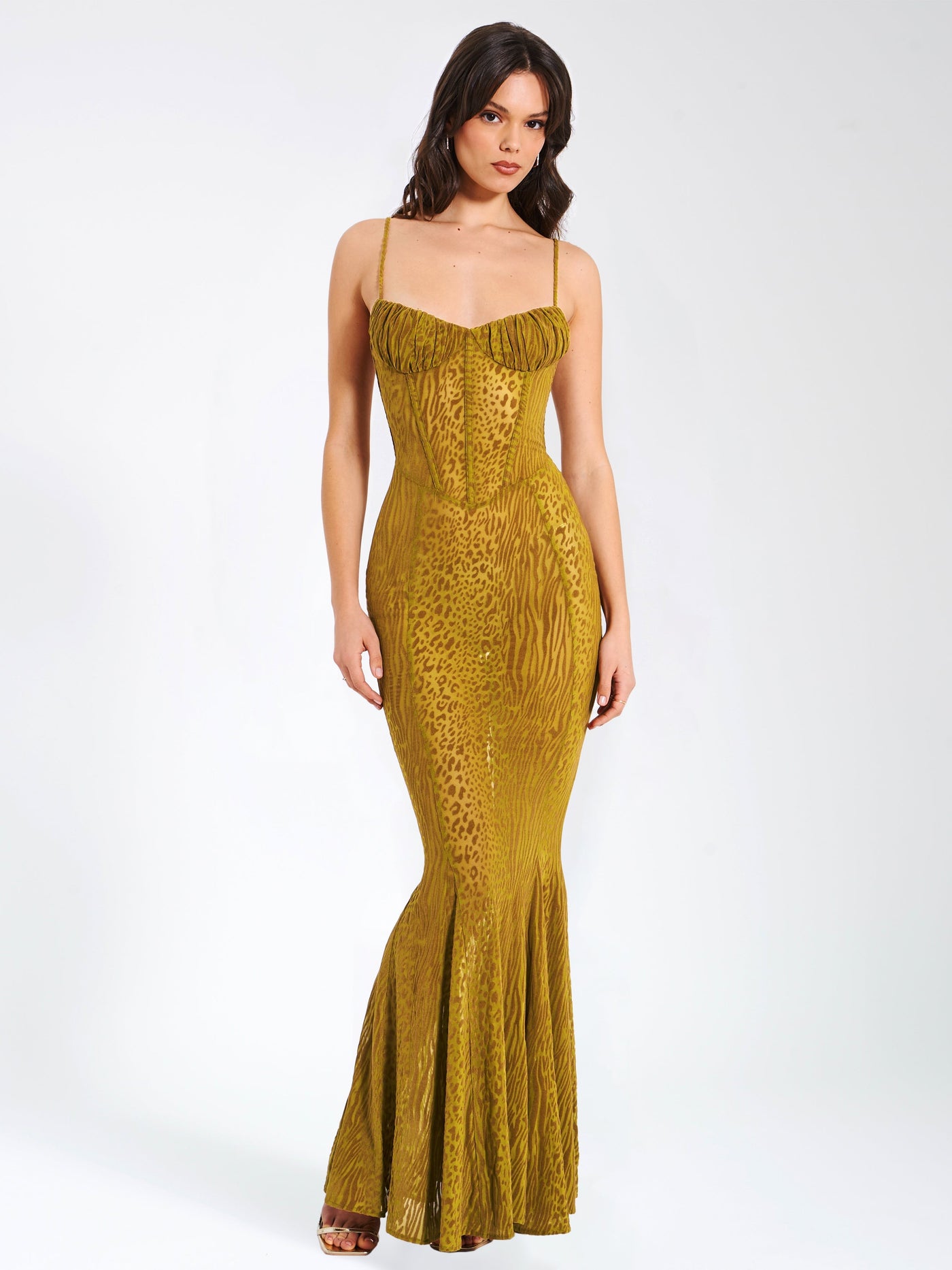 Ulani Gold Burnout Velvet Detail Mesh Maxi Dress