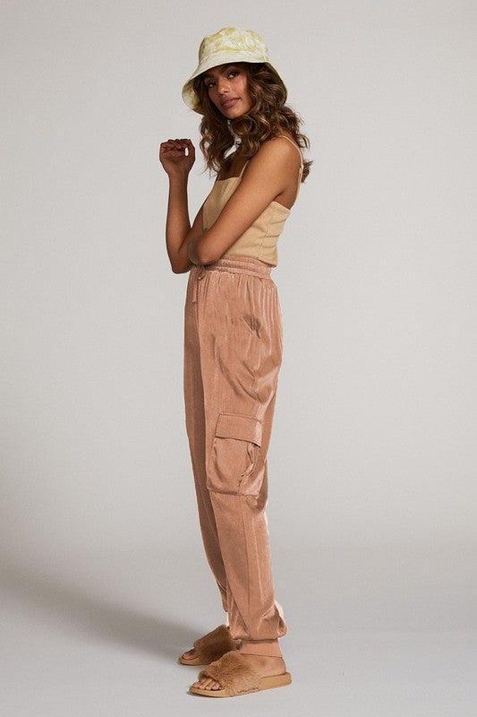 Satin cargo pants with Pockets and Tie Waist