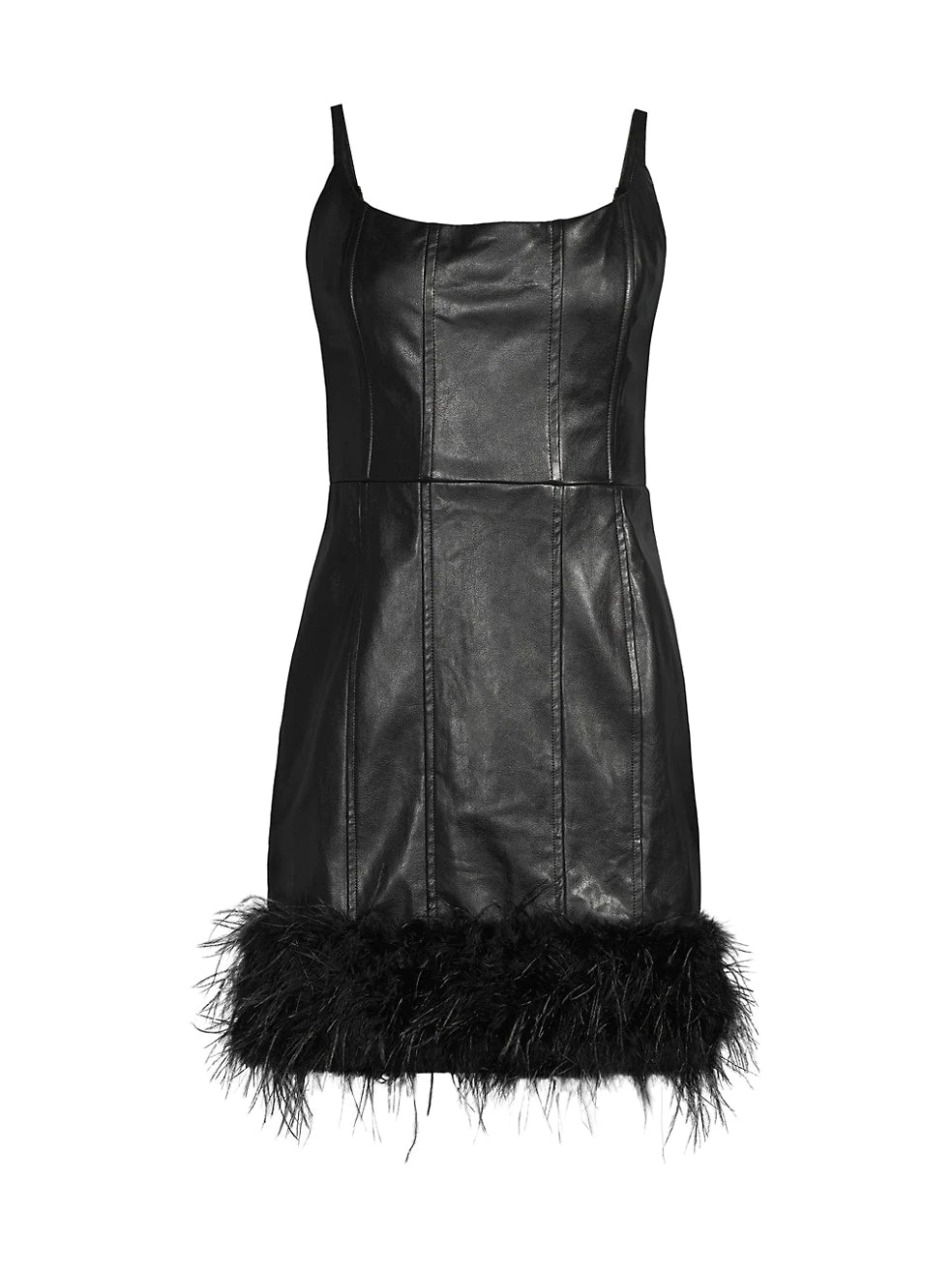 black-pleather-mini-dress-with-fur-feather-trim