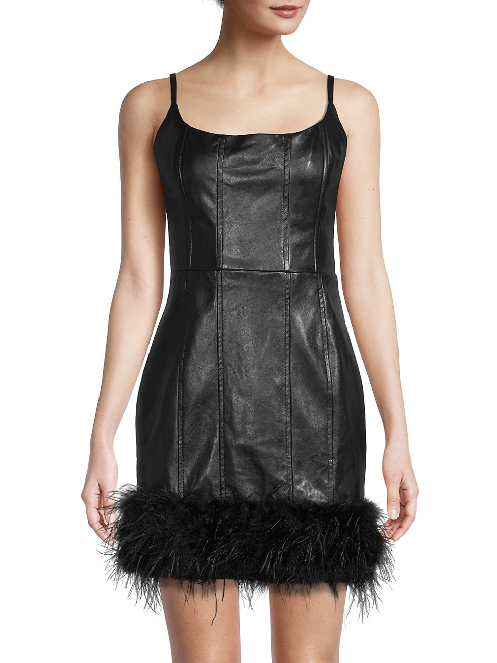 black-pleather-mini-dress-with-fur-feather-trim