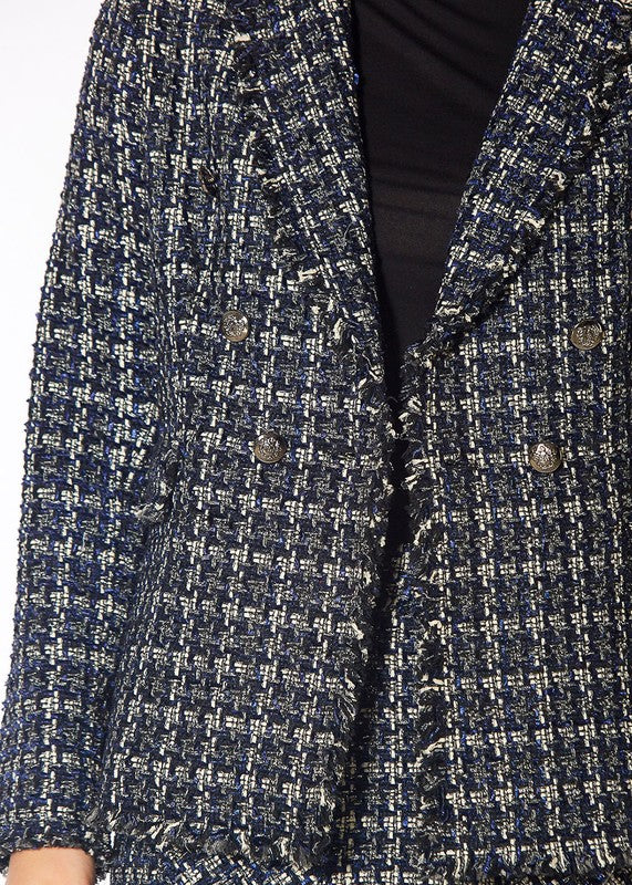 Plaid Tweed Fringe Hem Blazer Jacket