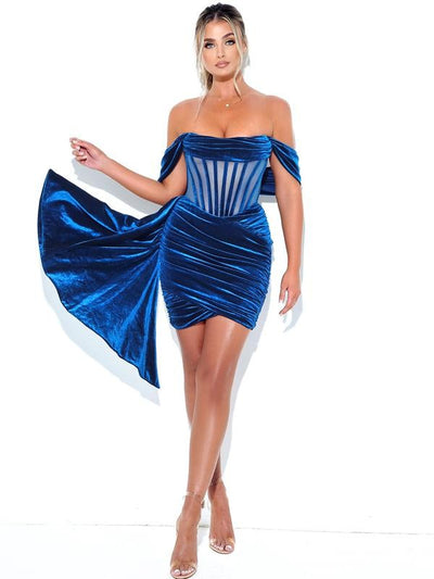 Irisa Blue Draping Off Shoulder Corset Dress