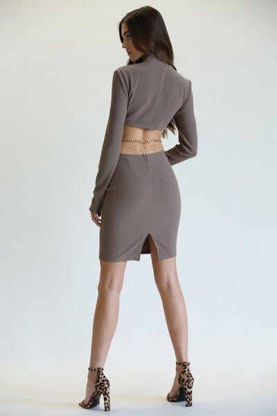 brown-long-sleeve-mini-dress-with-chain-and-cutout-the-shameless-collection