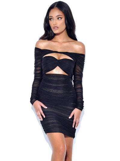 black-mesh-long-sleeve-off-the-shoulder-mini-dress