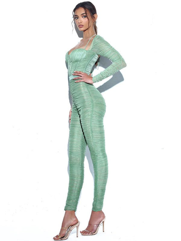 Quiana Basil Ruched Mesh Corset Jumpsuit *limited edition*