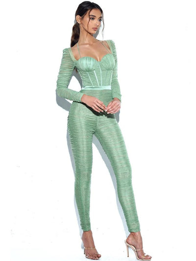 Quiana Basil Ruched Mesh Corset Jumpsuit *limited edition*