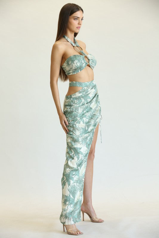 Sage-tropical-print-two-piece-bandeau-and-high-slit-skirt-set