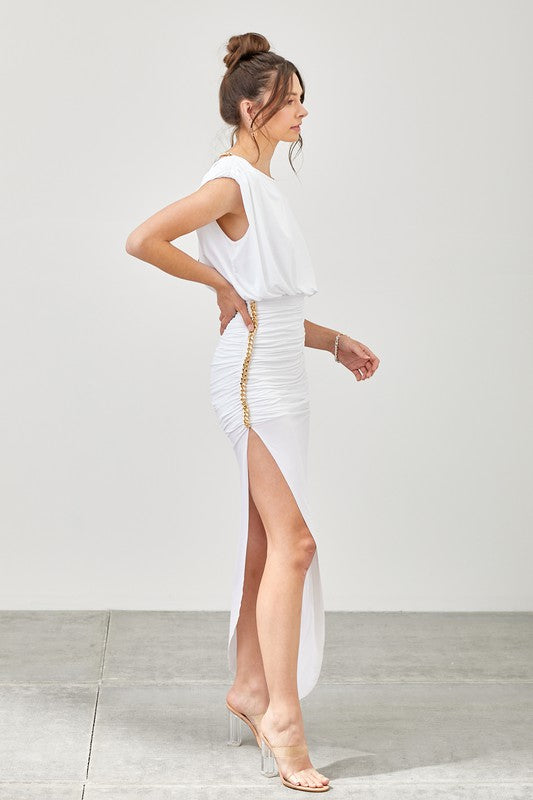 white-gold-chain-midi-dress-with-slit-for-bride-to-be-by-the-shameless-collection