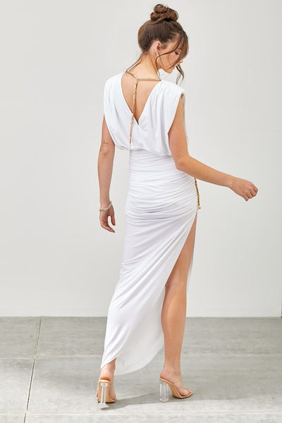 white-gold-chain-midi-dress-with-slit-for-bride-to-be-by-the-shameless-collection