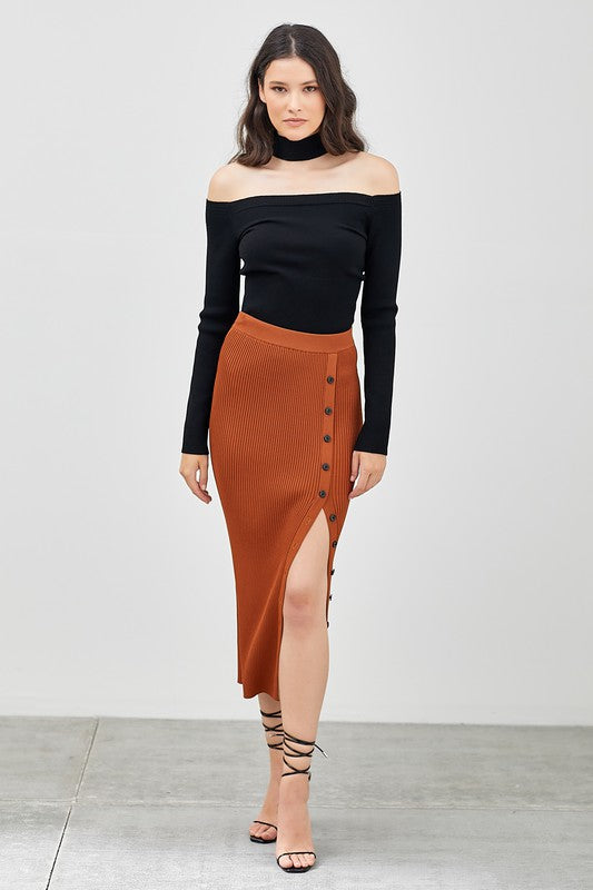 Brown-knitted-midi-skirt-wtih-side-buttons-slit-the-shameless-collection