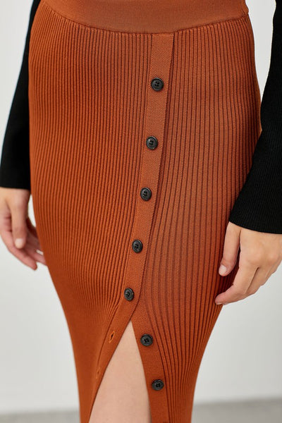 Brown-knitted-midi-skirt-wtih-side-buttons-slit-the-shameless-collection