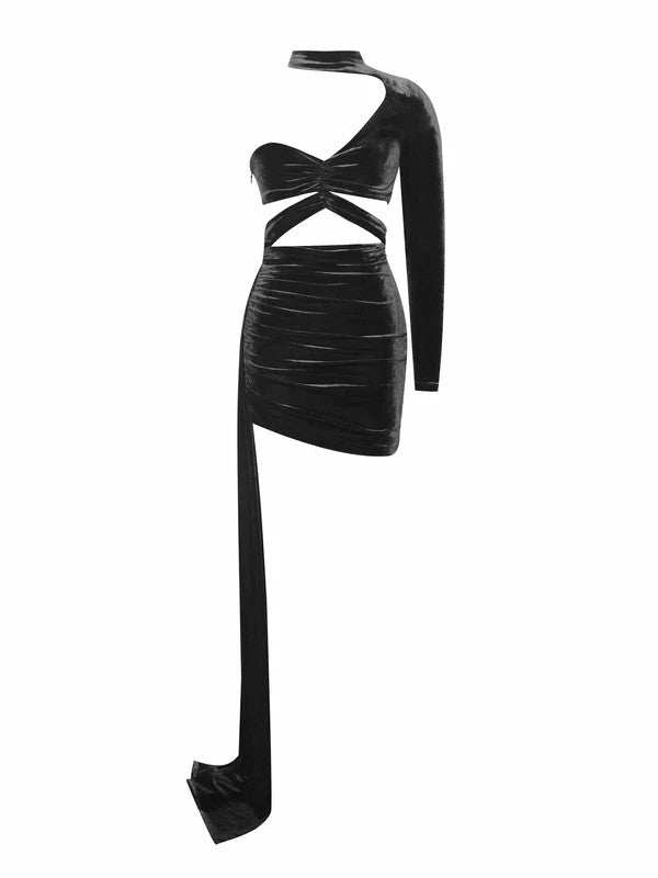 Nadia Black Velvet One Sleeve Draping Cutout Dress