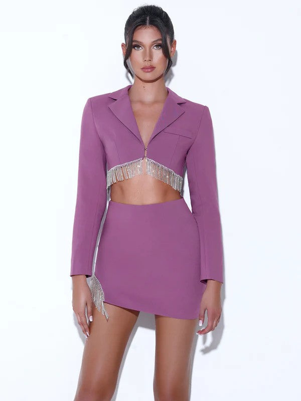 Tate Mauve Pink Crystal Fringe Mini Skirt