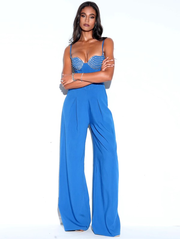 Wanessa Blue Corset Wide Leg Jumpsuit with Crystals