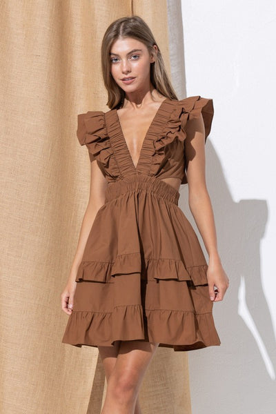 brown-ruffle-sleeve-v-neck-cut-out-dress