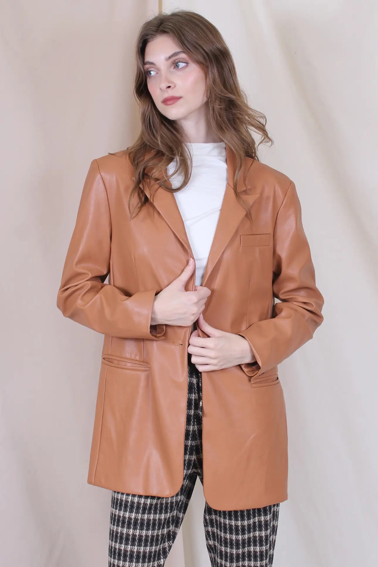 Brown-camel-pleather-blazer-for-work-by-shameless-collection