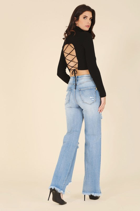 Mock neck lace-up open back top