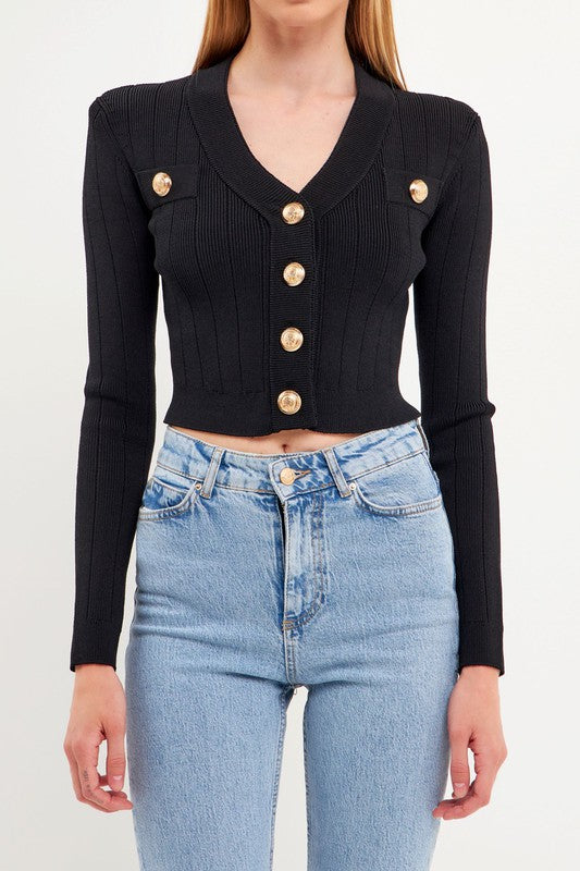 Black-v-neck-cardigan-gold-button-sweater-fall-2022-shameless-collection