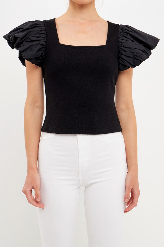 black-square-neck-top-with-flare-shoulder-flutter-sleeves