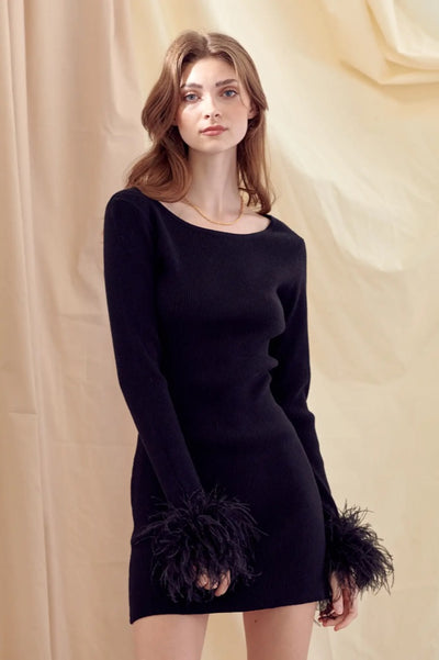 Jenny Round Neck Feather Cuff Mini Sweater Dress Black *limited*