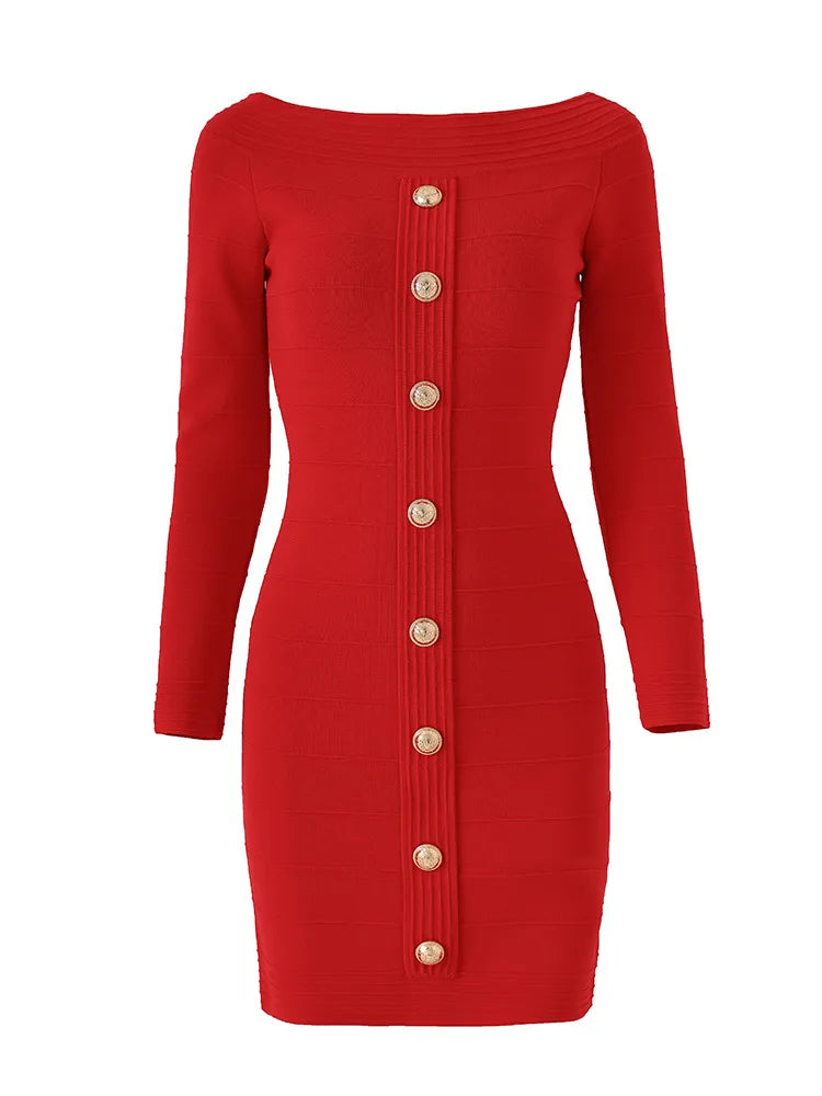 Maryanne Red Off Shoulder Knitted Dress With Gold Buttons