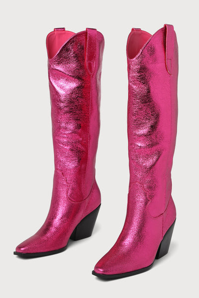 Colson Pink Crinkle Metallic Western Knee High Boots