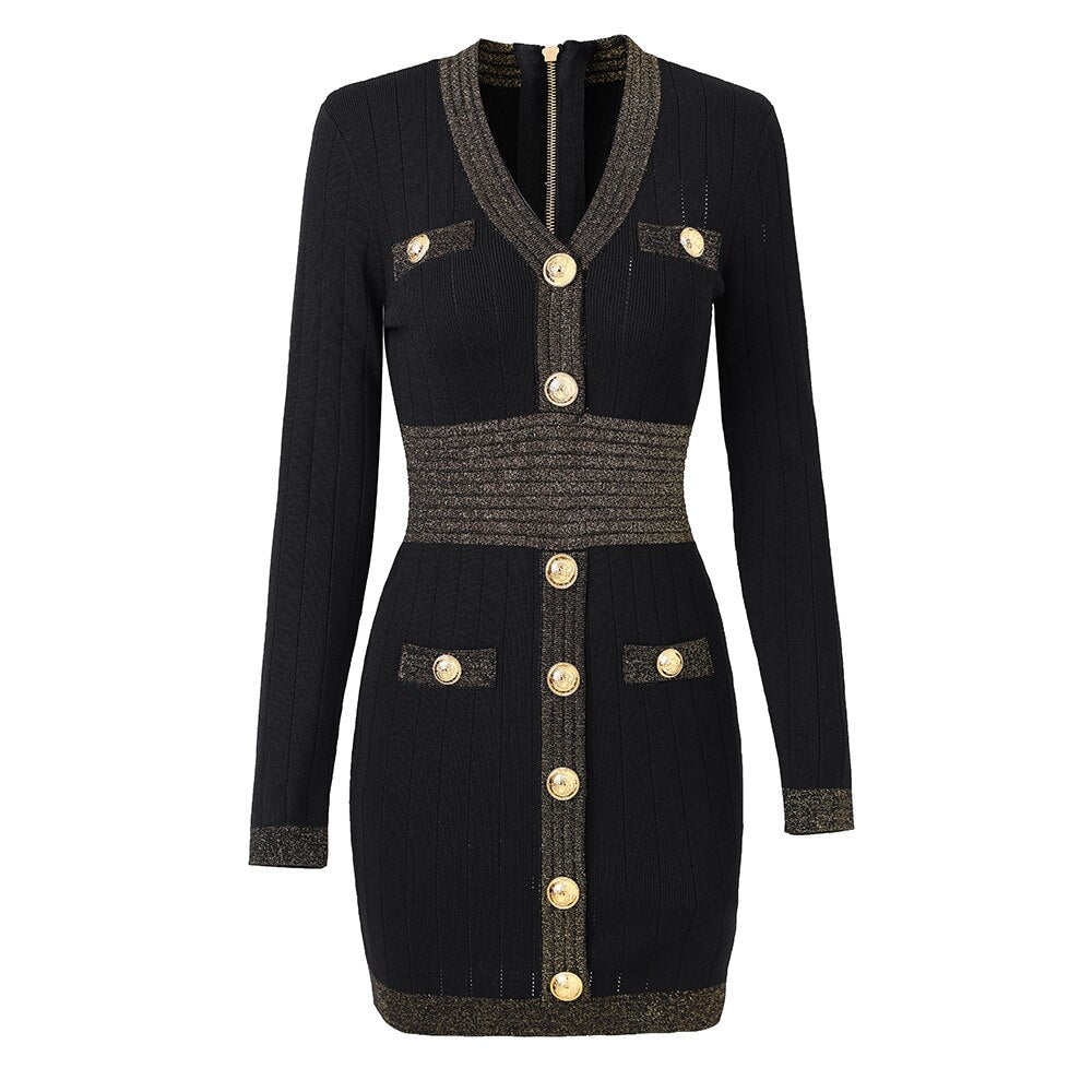 Victoria Bandage Button Embellished Ribbed Knit Mini Bodycon Dress