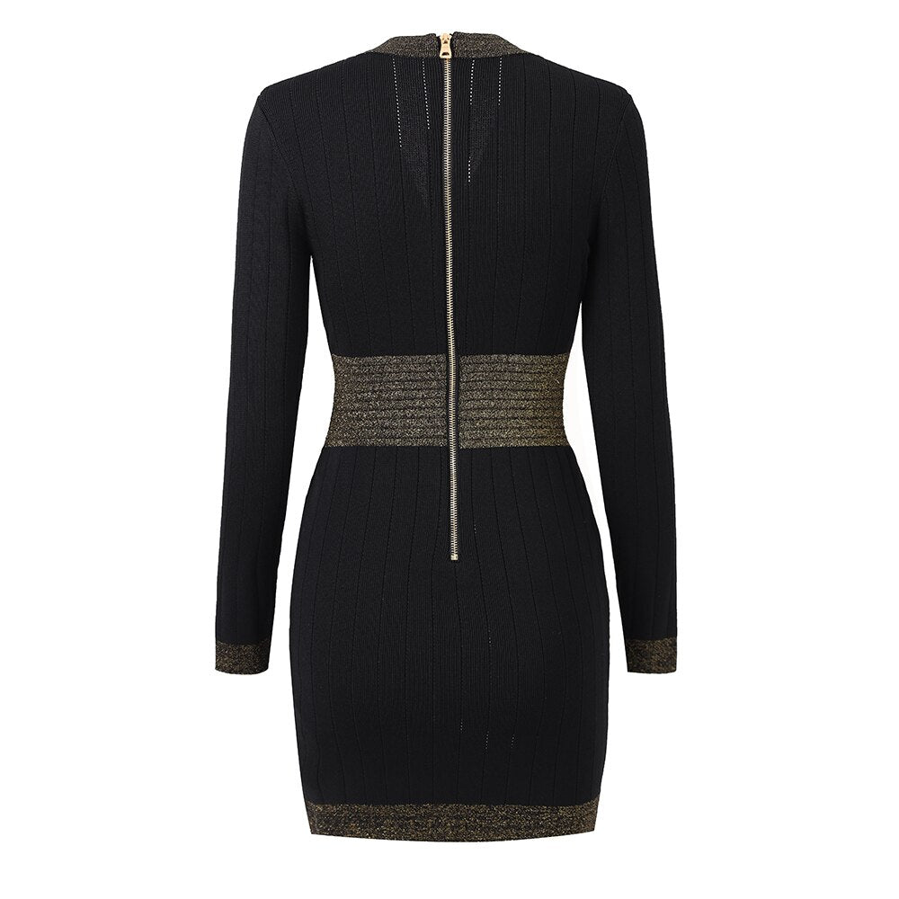 Victoria Bandage Button Embellished Ribbed Knit Mini Bodycon Dress