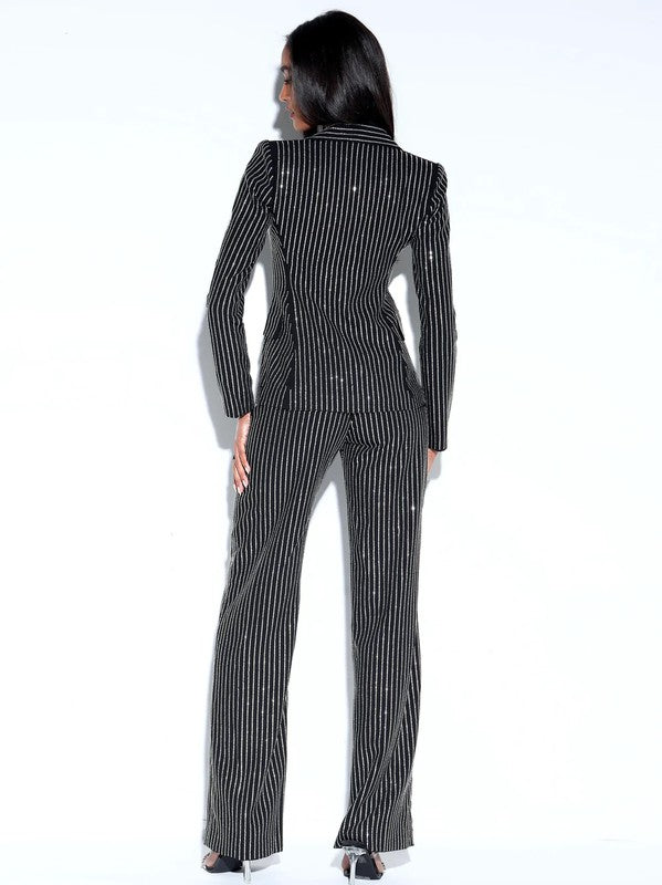 Taelyn Black Crystal Striped Trouser Pants