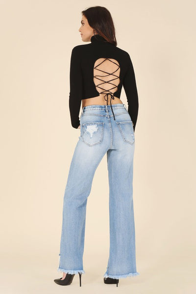 Mock neck lace-up open back top