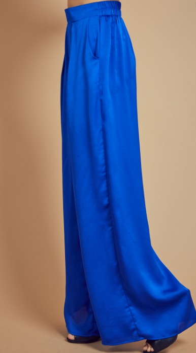 Lolol Royal blue front pleated satin wide pants with pockets