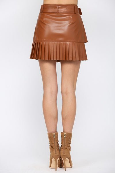 CAMILLE PLEATED FAUX LEATHER WITH BELT MINI SKIRT