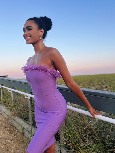 purple-feather-trim-midi-bandage-dress-cute-sexy-outfit
