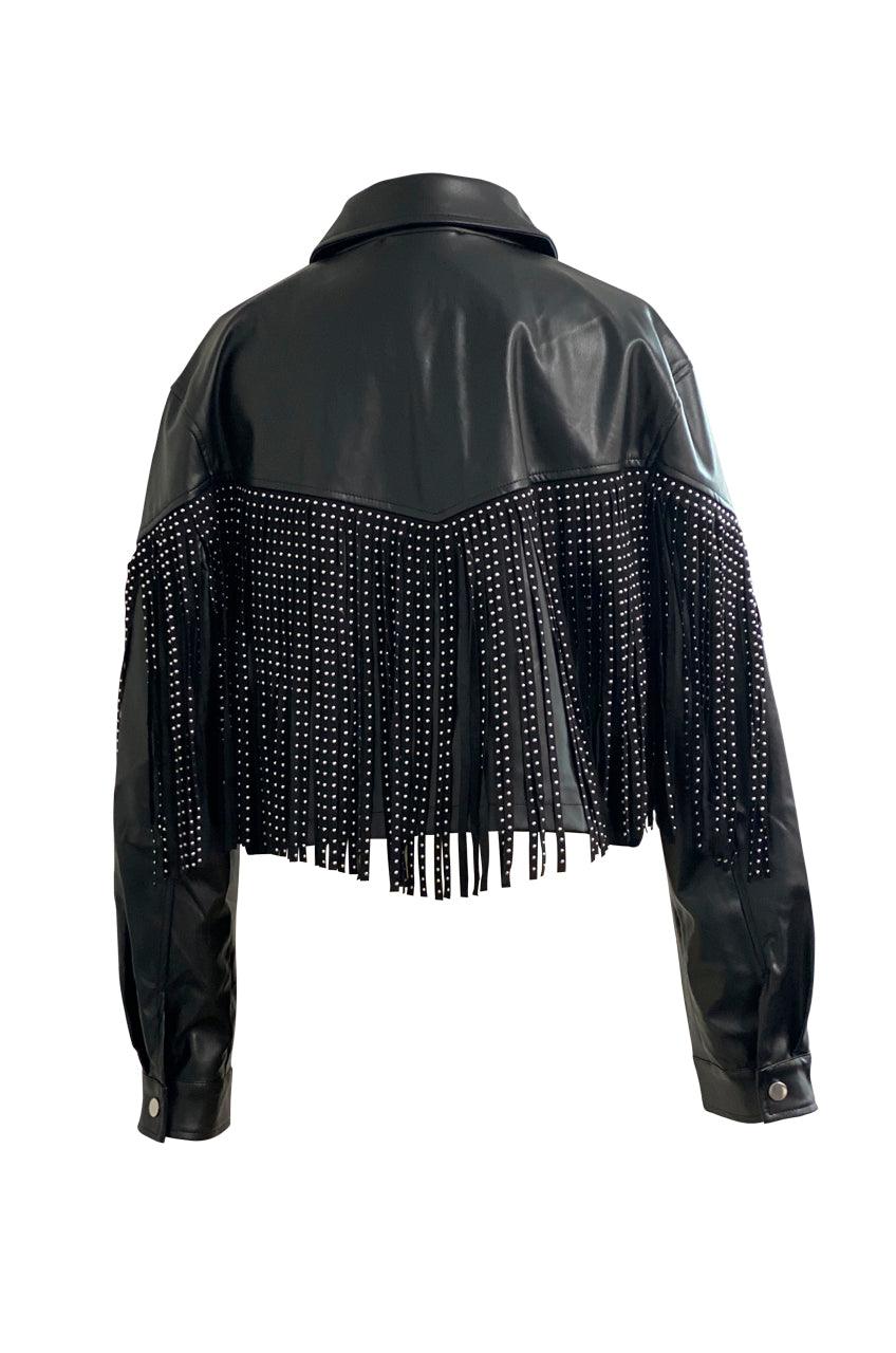 Jessie Rhinestone Fringe Black Vegan Leather Jacket
