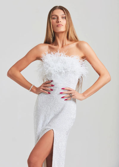 strapless-sequin-feather-trim-maxi-gown-white-silver-with-high-leg-slit-by-the-shameless-collection