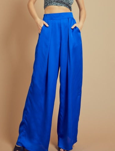 Lolol Royal blue front pleated satin wide pants with pockets