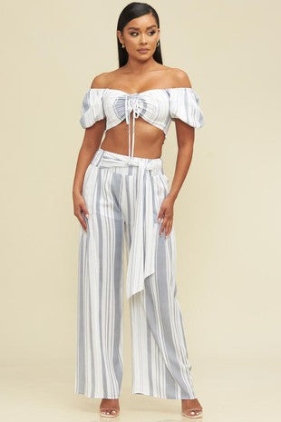 White Striped Pant Set with Off the Shoulder Crop Top *limited*