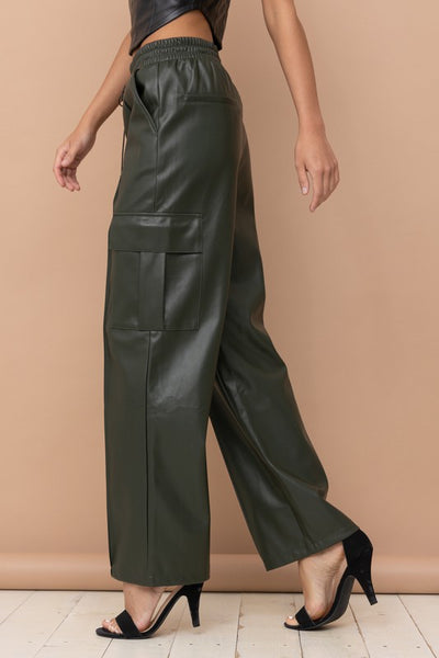 green-olive-vegan-leather-cargo-pants