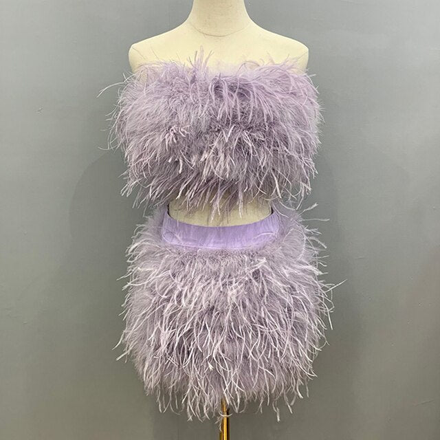 2 Pcs Women Feather Dress Fur Tube Top Ostrich Fur Skirt Shirt Set Summer  53943