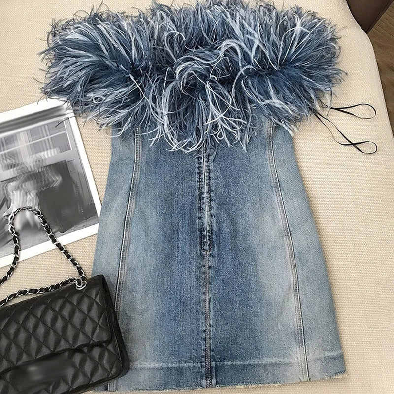 Blue Jean Off the Shoulder Feather Top Mini Dress * limited