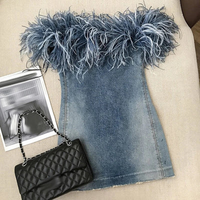 Blue Jean Off the Shoulder Feather Top Mini Dress * limited
